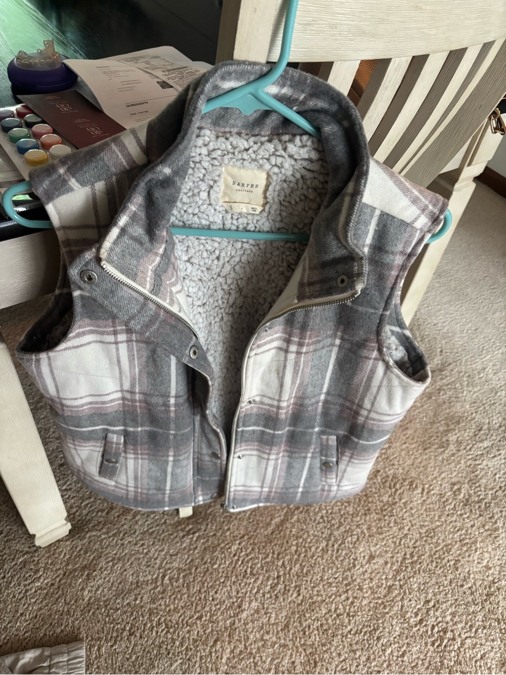 Harper Plaid Sherpa Lined Vest in Gray and Cream